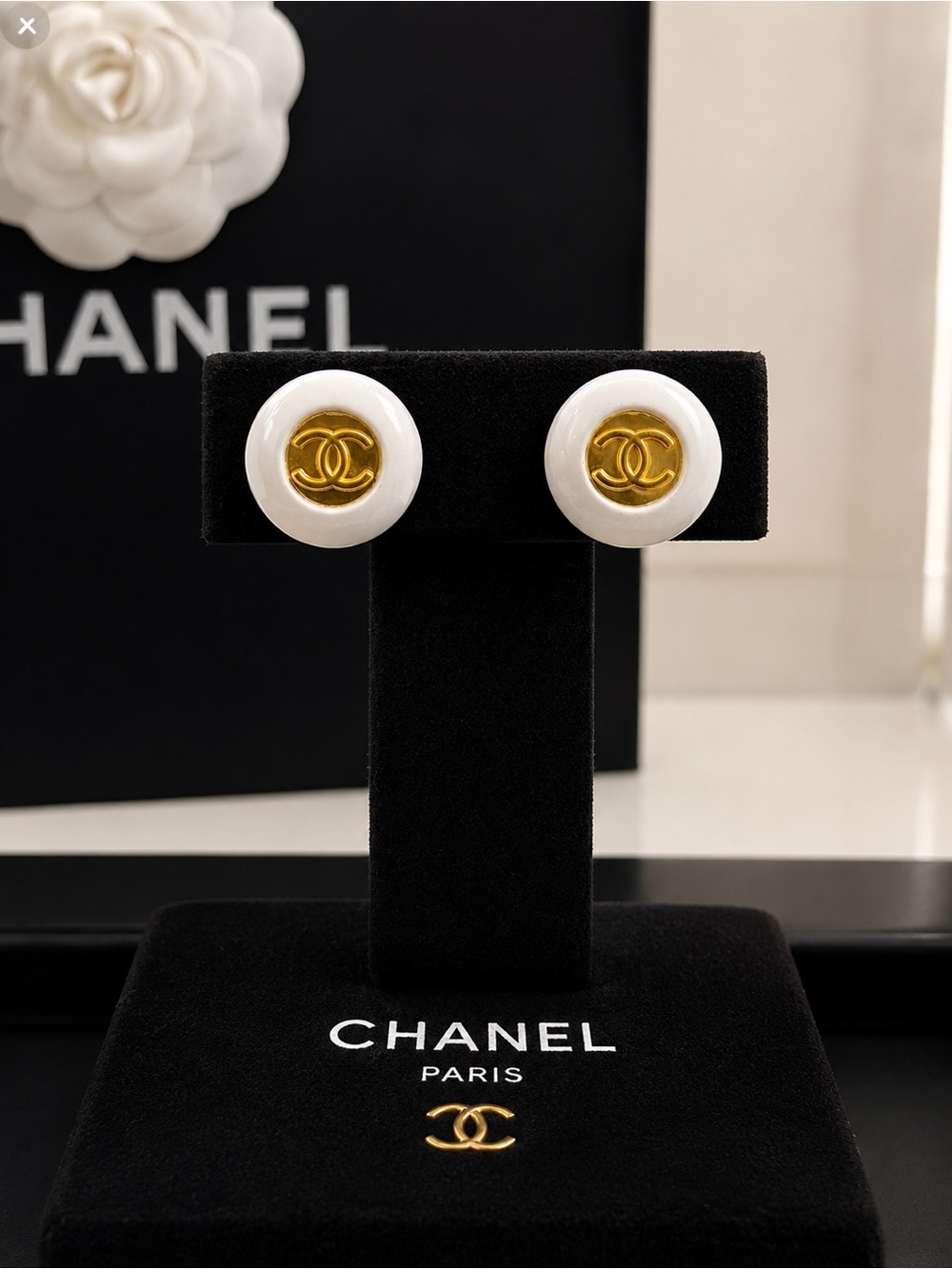 CHANEL White and Gold CC Round Button Stud Earrings
